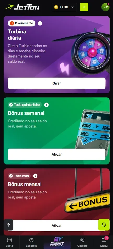 Cartões de bônus da Jetton: Turbina diária com botão Girar, Bônus semanal toda quinta-feira e Bônus mensal todo mês, os dois com a frase creditado no seu saldo real, sem aposta