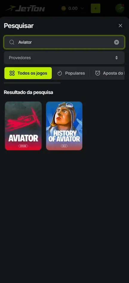 Pesquisar da Jetton com Aviator digitado e duas capas: Aviator, da Spribe, e History of Aviator