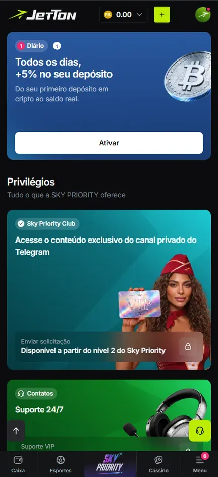 Tela da Jetton com o card diário de +5% no primeiro depósito em cripto e, abaixo, a seção Privilégios com o card Sky Priority Club, que oferece o canal privado do Telegram com Enviar solicitação a partir do nível 2