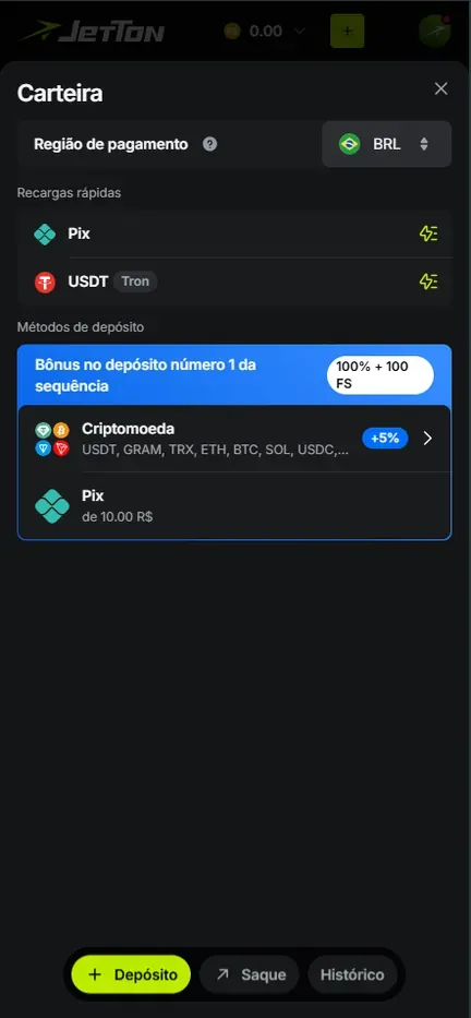 Carteira da Jetton aberta em Depósito, região BRL, recargas rápidas Pix e USDT Tron, faixa azul do primeiro bônus com 100% + 100 FS, Criptomoeda marcada +5% e Pix de 10.00 R$