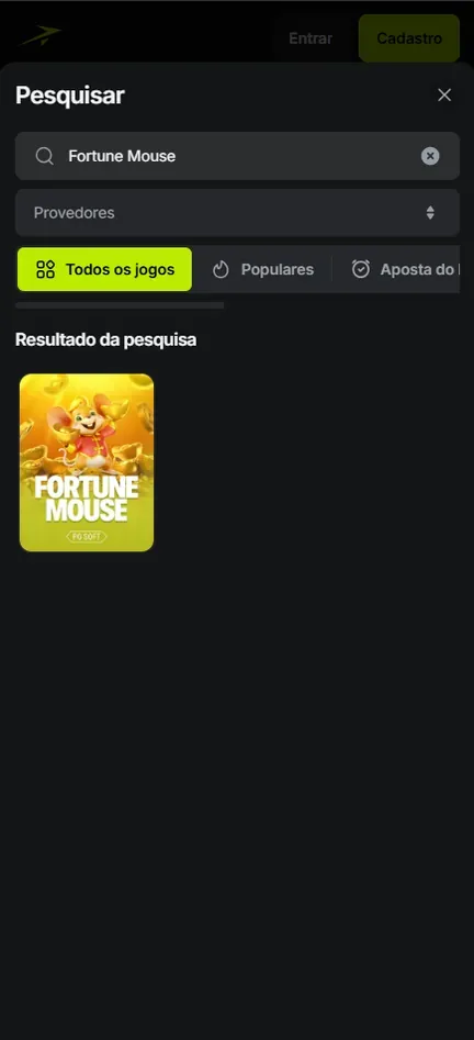 Pesquisar da Jetton sem login, com Fortune Mouse digitado e uma capa da PG Soft
