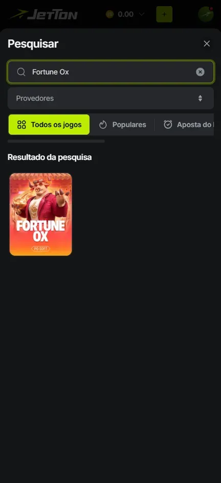 Pesquisar da Jetton com Fortune Ox digitado e uma única capa, o touro da PG Soft