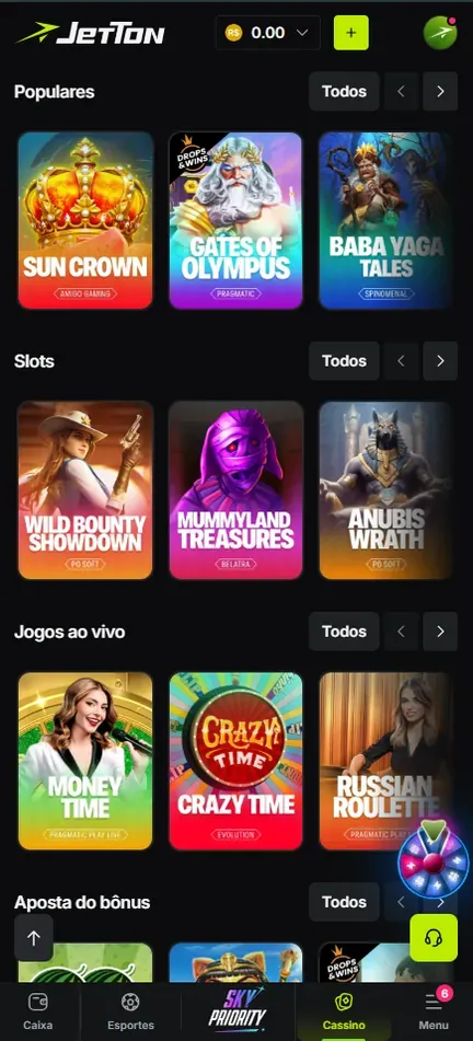 Lobby da Jetton no celular com as fileiras Populares, Slots e Jogos ao vivo, saldo 0.00 no topo e a barra com Caixa, Esportes, Sky Priority, Cassino e Menu