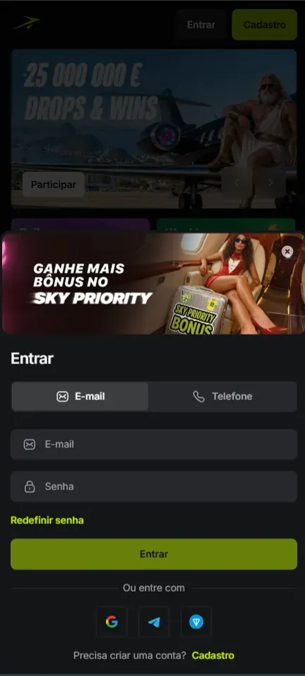 Tela Entrar da Jetton aberta sob o banner Ganhe mais bônus no Sky Priority, com abas E-mail e Telefone, campos E-mail e Senha, link Redefinir senha, botão Entrar e os ícones de Google, Telegram e TON