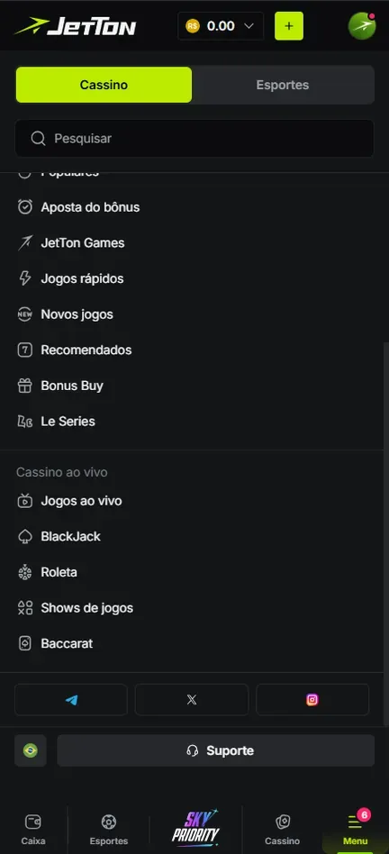 Menu da Jetton rolado até a seção Cassino ao vivo, com Jogos ao vivo, BlackJack, Roleta, Shows de jogos e Baccarat, três botões de redes sociais e o botão Suporte