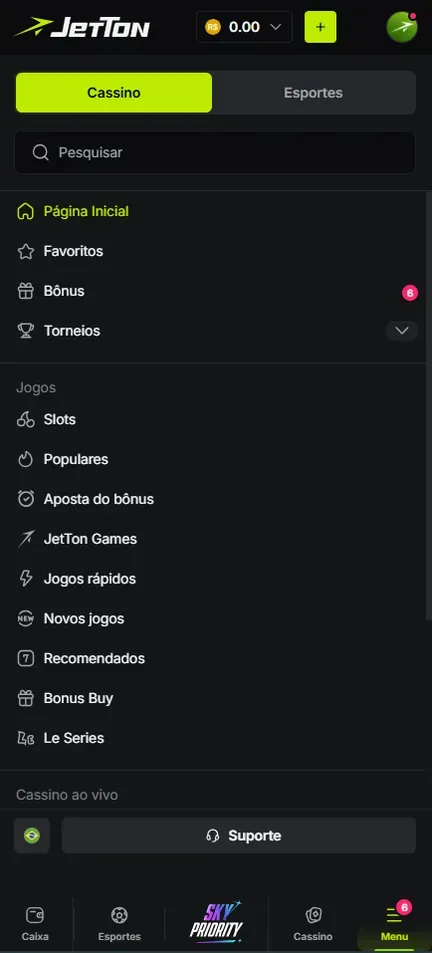Menu da Jetton com Página Inicial, Favoritos, Bônus, Torneios, categorias de jogos e botão Suporte no rodapé do menu