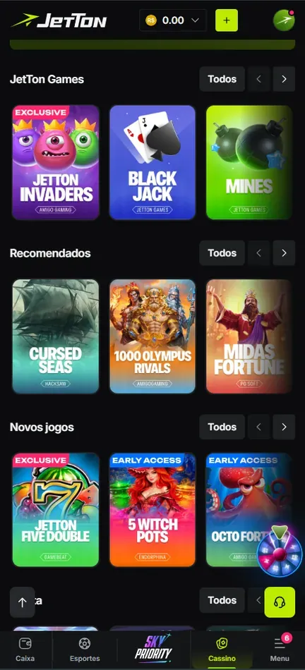 Faixas JetTon Games, Recomendados e Novos jogos do lobby da Jetton, com selos Exclusive e Early Access