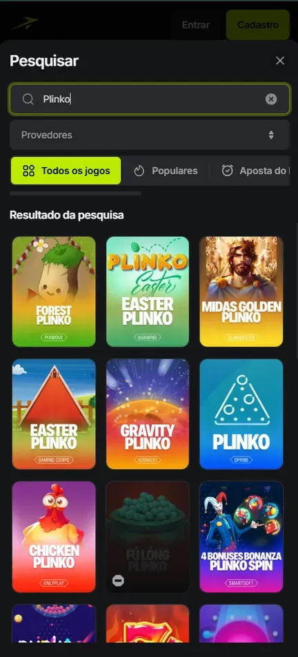 Pesquisar da Jetton com Plinko digitado e muitas capas de versões diferentes, com Entrar e Cadastro no topo