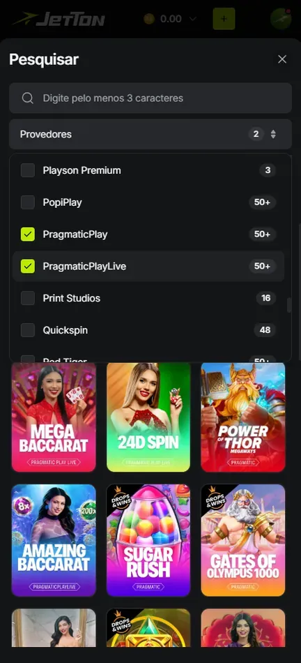 Filtro Provedores aberto no Pesquisar da Jetton, com PragmaticPlay e PragmaticPlayLive marcados e a contagem de jogos de cada estúdio