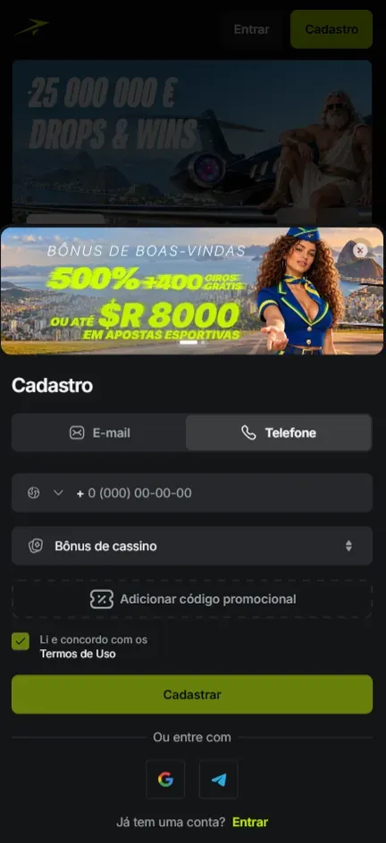 Tela Cadastro da Jetton na aba Telefone com campo do número, seletor Bônus de cassino, botão pontilhado Adicionar código promocional e caixa dos Termos de Uso já marcada