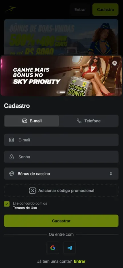 Formulário Cadastro da Jetton com a aba E-mail ativa, campos E-mail e Senha, seletor Bônus de cassino, botão Adicionar código promocional, caixa dos Termos de Uso marcada, botão Cadastrar e ícones de Google e Telegram