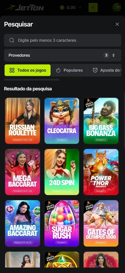 Resultado do Pesquisar da Jetton com 2 provedores marcados no filtro e capas de Big Bass Bonanza, Sugar Rush e Gates of Olympus 1000 com selo Drops & Wins