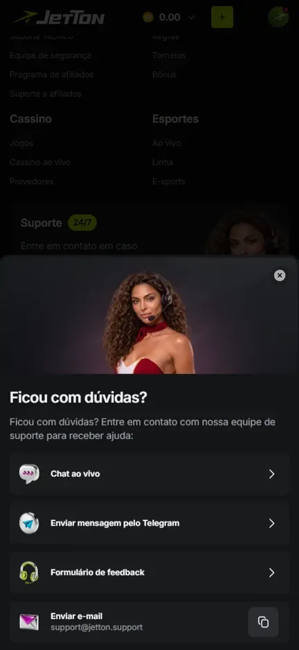 Janela Ficou com dúvidas? da Jetton com Chat ao vivo, Enviar mensagem pelo Telegram, Formulário de feedback e Enviar e-mail com o endereço support@jetton.support
