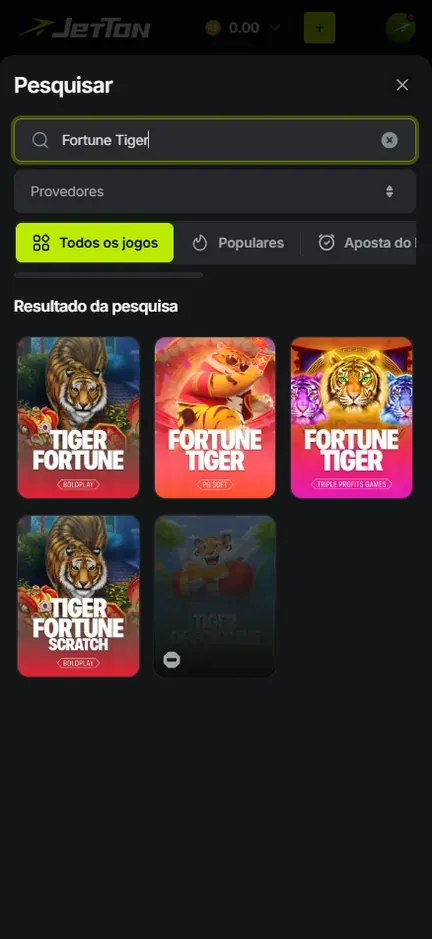 Pesquisar da Jetton com Fortune Tiger digitado e cinco capas no resultado, uma delas acinzentada com o símbolo ⊖