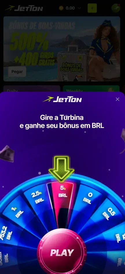 Janela Gire a Turbina e ganhe seu bônus em BRL da Jetton com roda de casas em BRL, entre elas 5k, 2,5k, 1k, 0,5 e 0, e botão PLAY