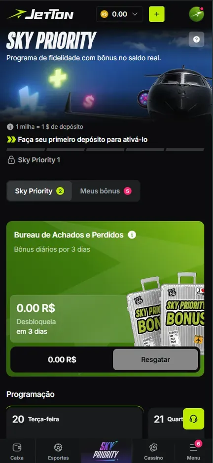 Tela Sky Priority da Jetton com 1 milha = 1 $ de depósito, aviso Faça seu primeiro depósito para ativá-lo, abas Sky Priority e Meus bônus e bloco Bureau de Achados e Perdidos