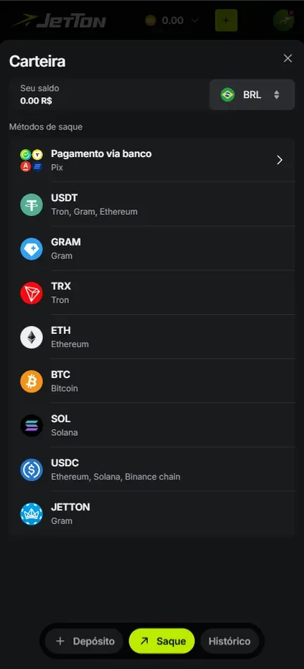 Aba Saque da Carteira da Jetton com Seu saldo 0.00 R$, Pagamento via banco Pix no topo da lista e moedas digitais abaixo